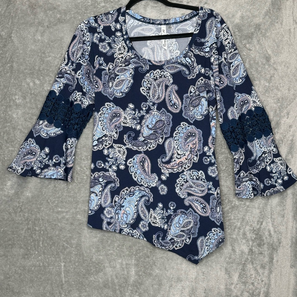 Ny Collection XL Petite Shirt Top Blue Paisley Lace Bell 3/4 Sleeve Scoop Neck